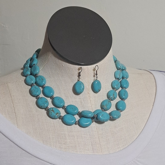 Hand Crafted Turquoise Colored Howlite Statement Necklace and Earring Set - Picture 1 of 3